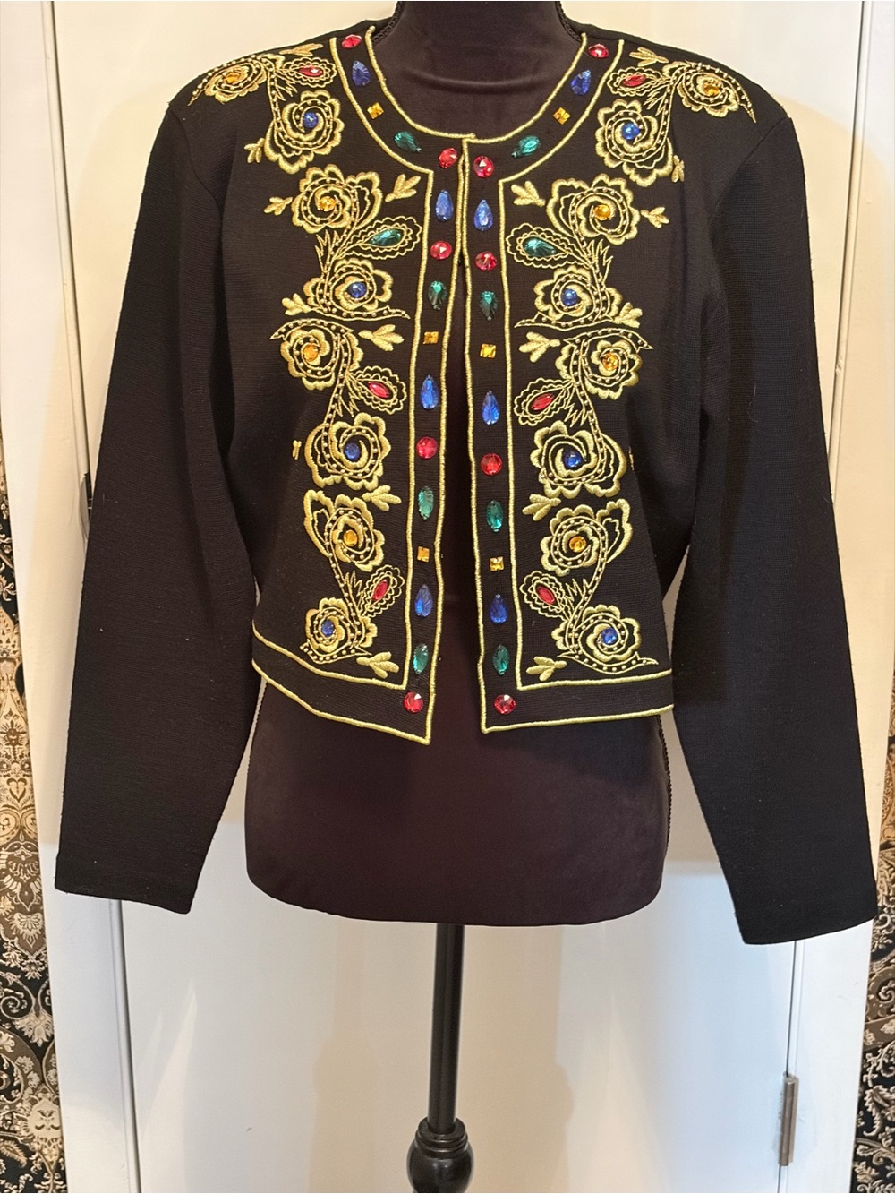 Black Bolero Jacket by Design Assets. Sultry Multicolor Jewel Accents. Medium
